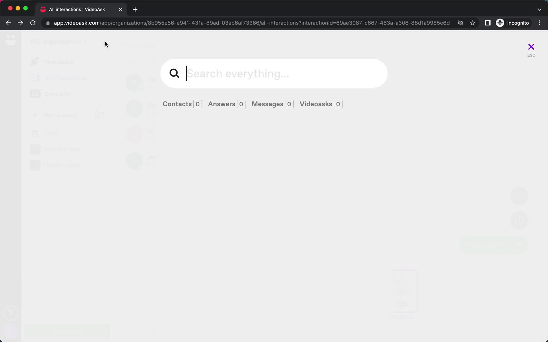 Screenshot of Search on Searching on VideoAsk user flow