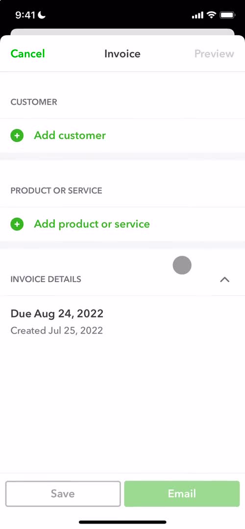 Screenshot of Create invoice on Creating an invoice on QuickBooks user flow