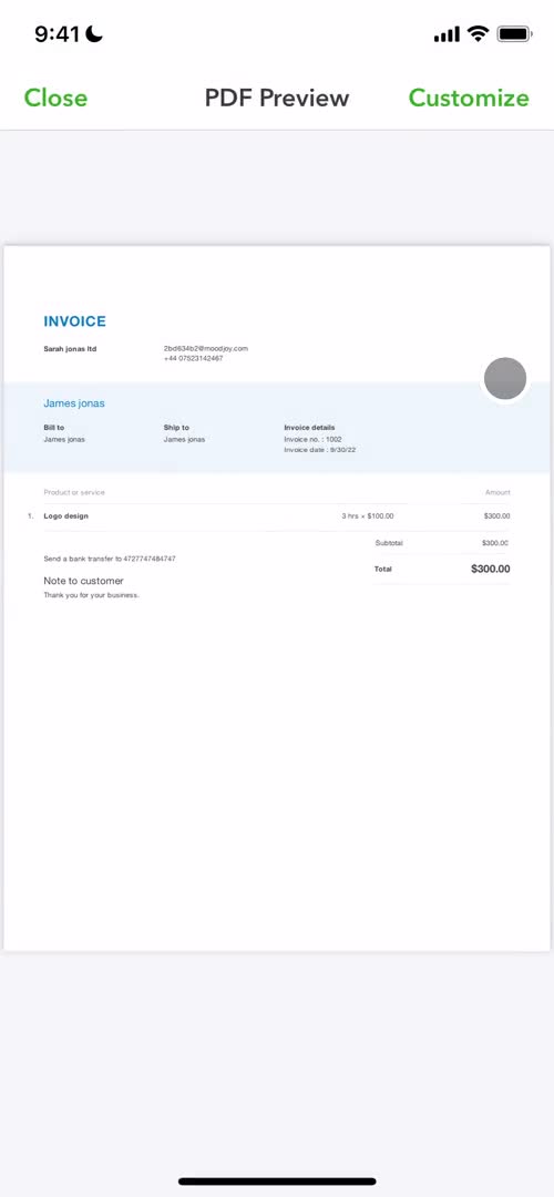 Creating an invoice screenshot