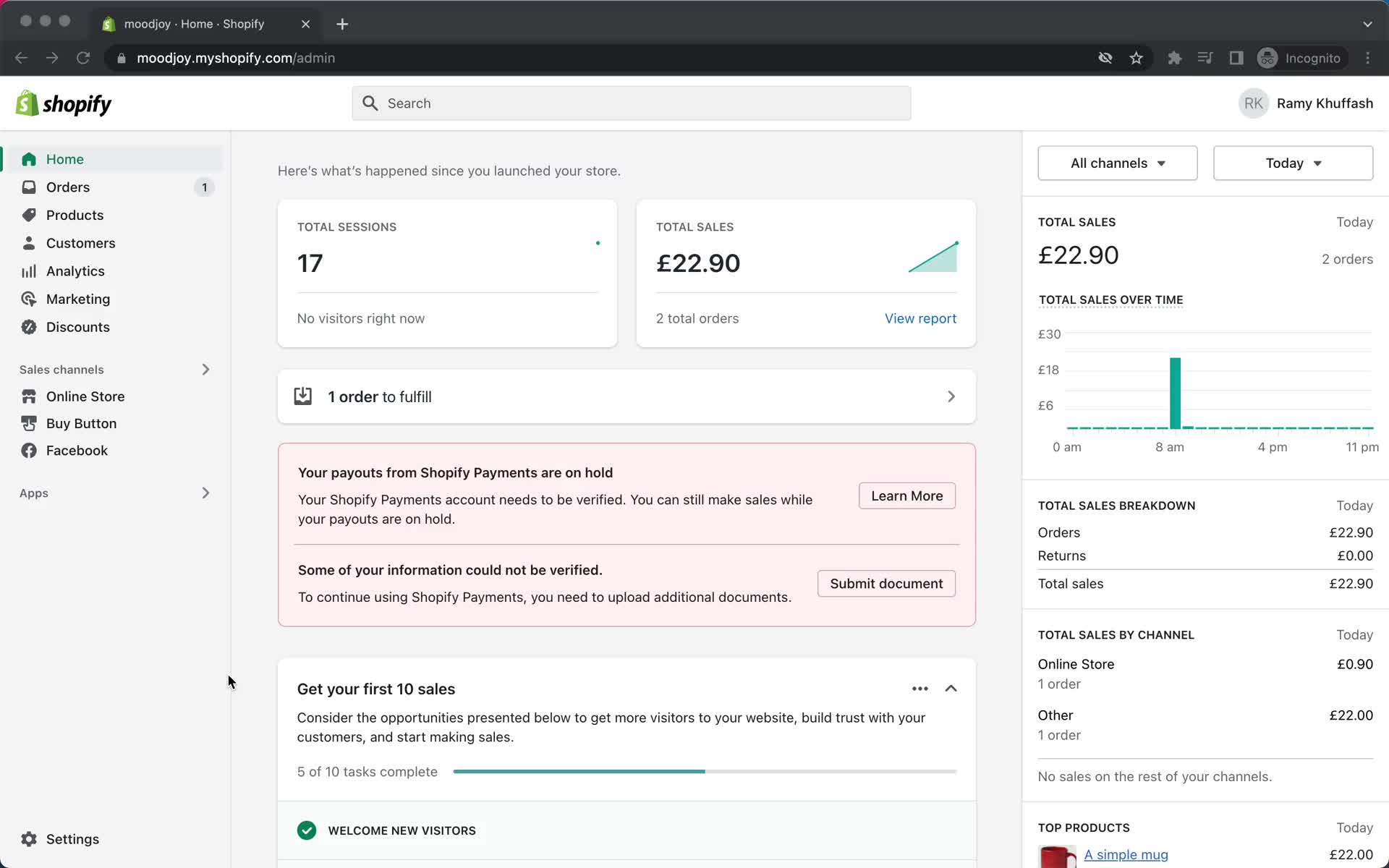 Screenshot of Dashboard on Settings on Shopify user flow
