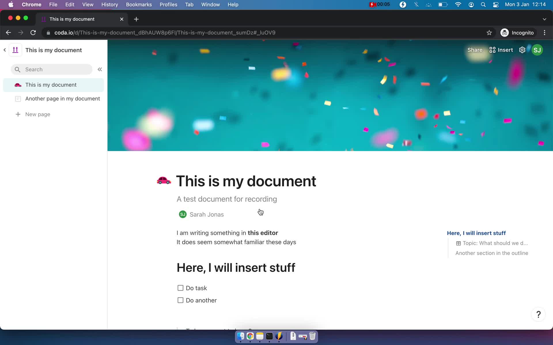 Screenshot of Document editor on Sharing on Coda user flow