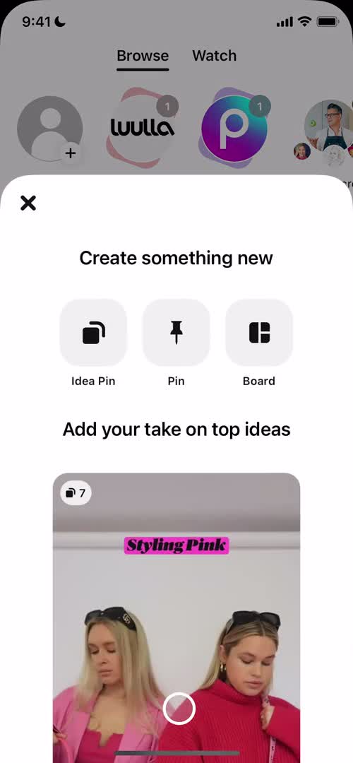 Screenshot of Create menu on Sharing a video on Pinterest user flow