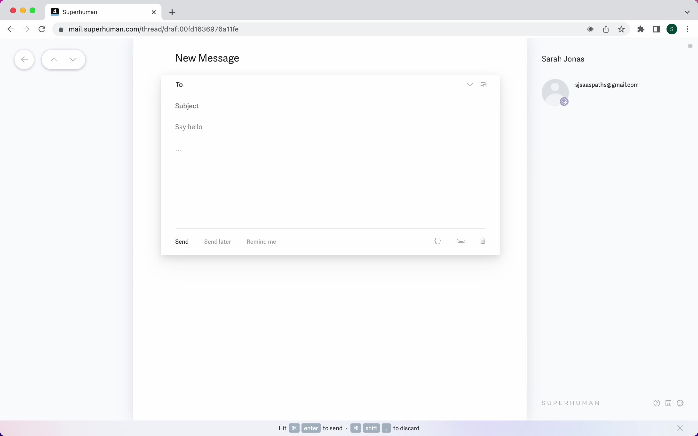 Screenshot of Compose email on Shortcuts on Superhuman user flow