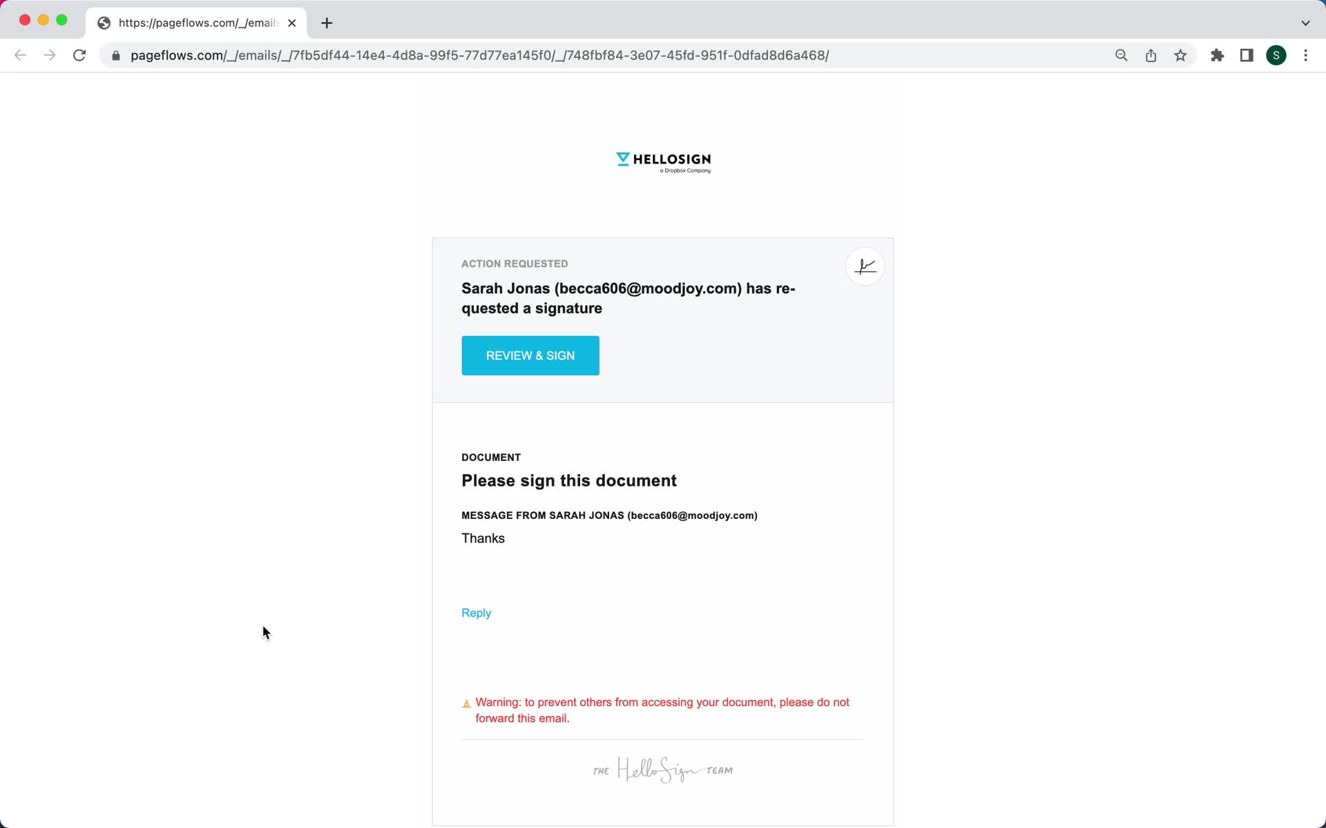 Screenshot of Signature request on Signing a document on HelloSign user flow