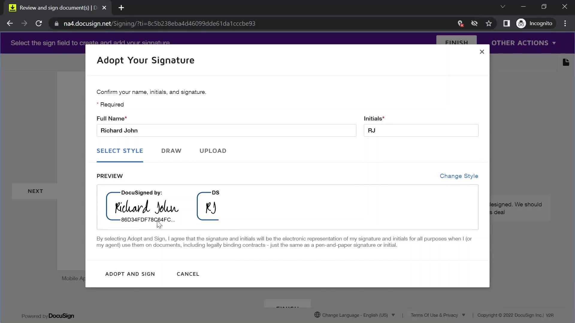 Signing a document screenshot