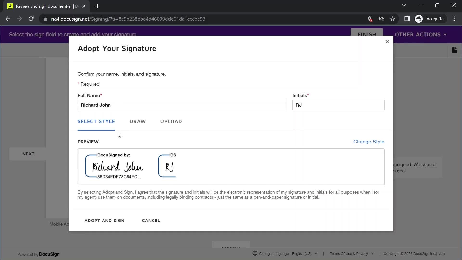 Signing a document screenshot