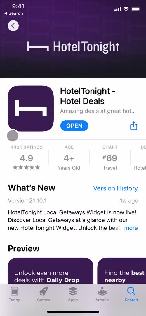 Screenshot of App store listing on Signing up on HotelTonight user flow
