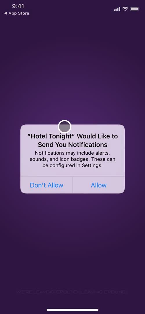 Screenshot of Enable notifications on Signing up on HotelTonight user flow