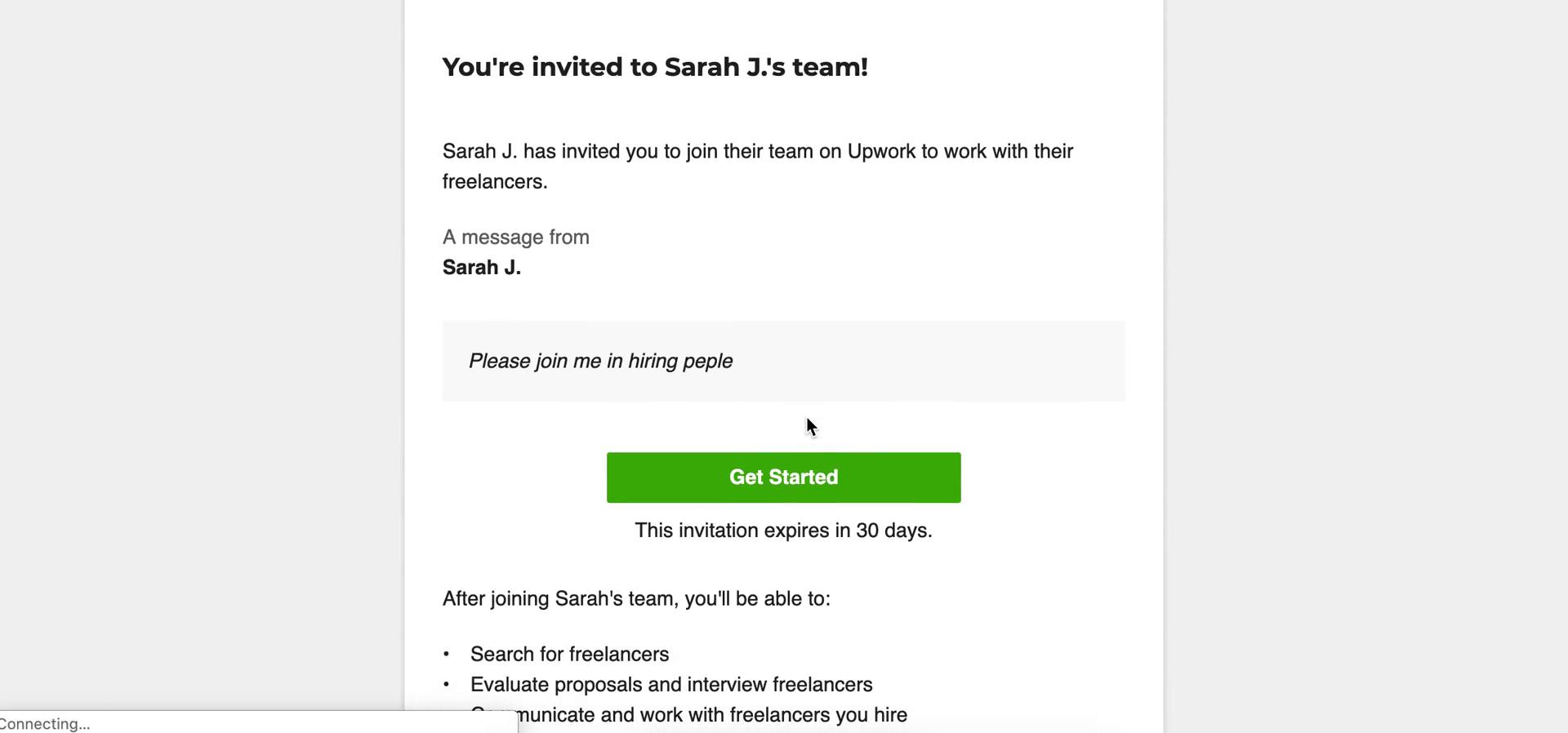 Screenshot of Accepting an invite on Upwork