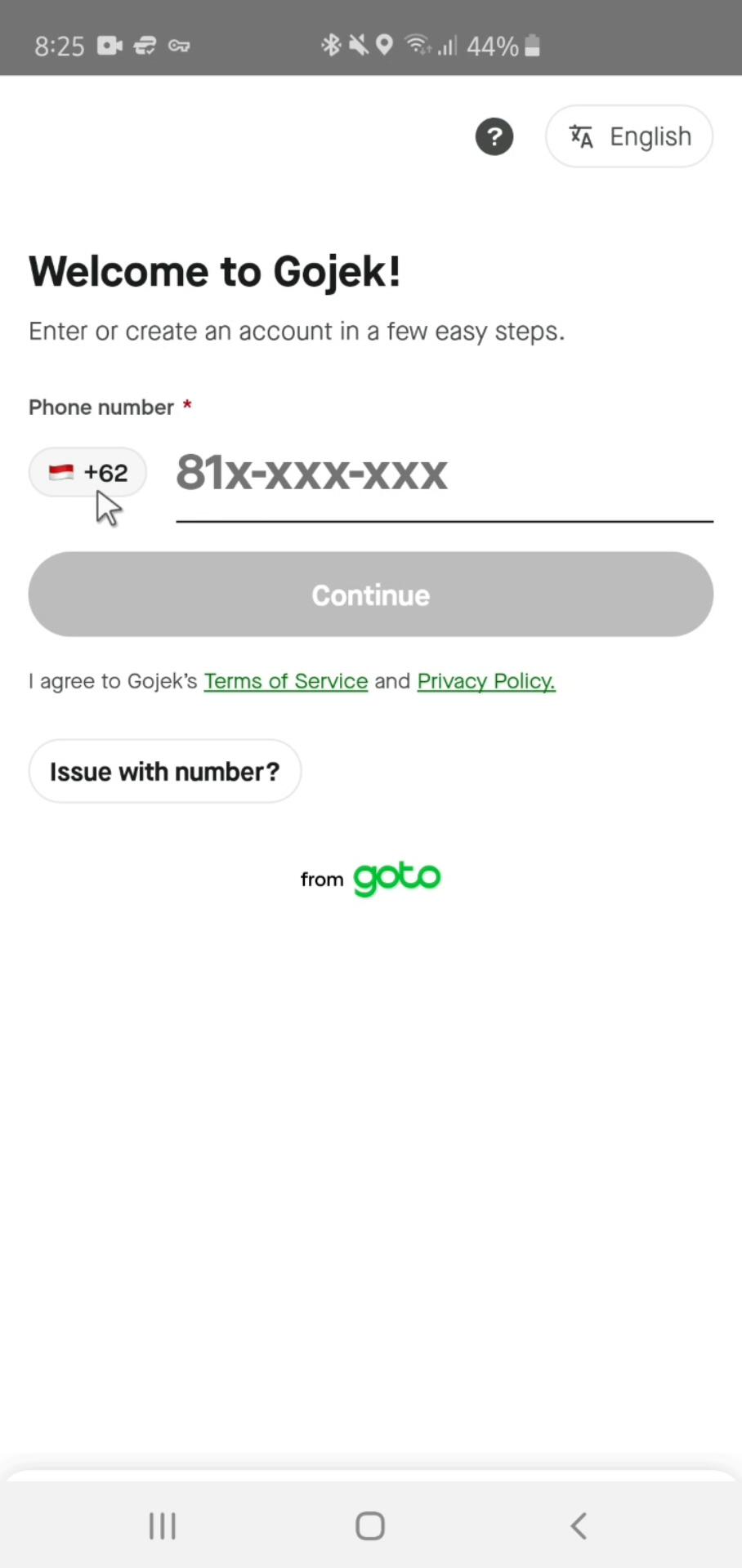 Screenshot of Logging in on Gojek