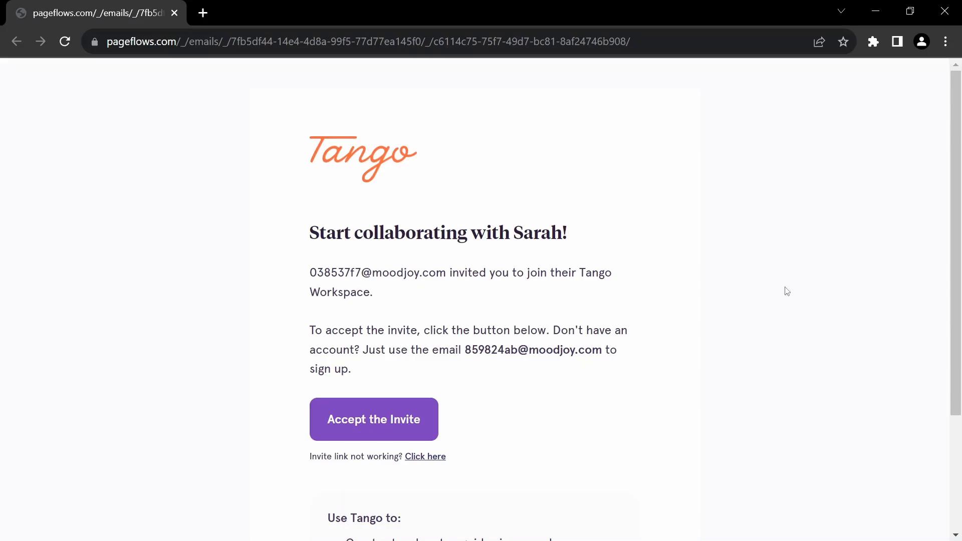Screenshot of Accepting an invite on Tango
