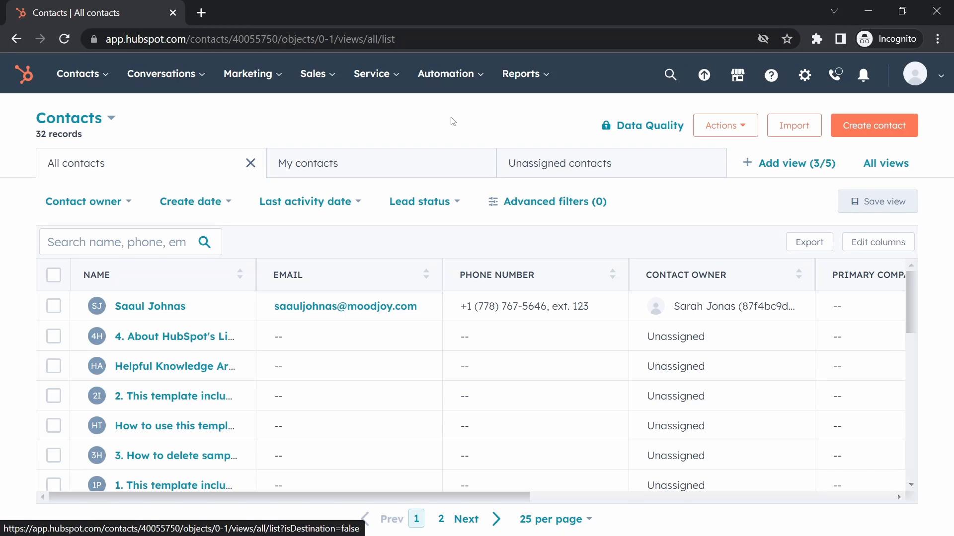 Screenshot of Searching on HubSpot CRM
