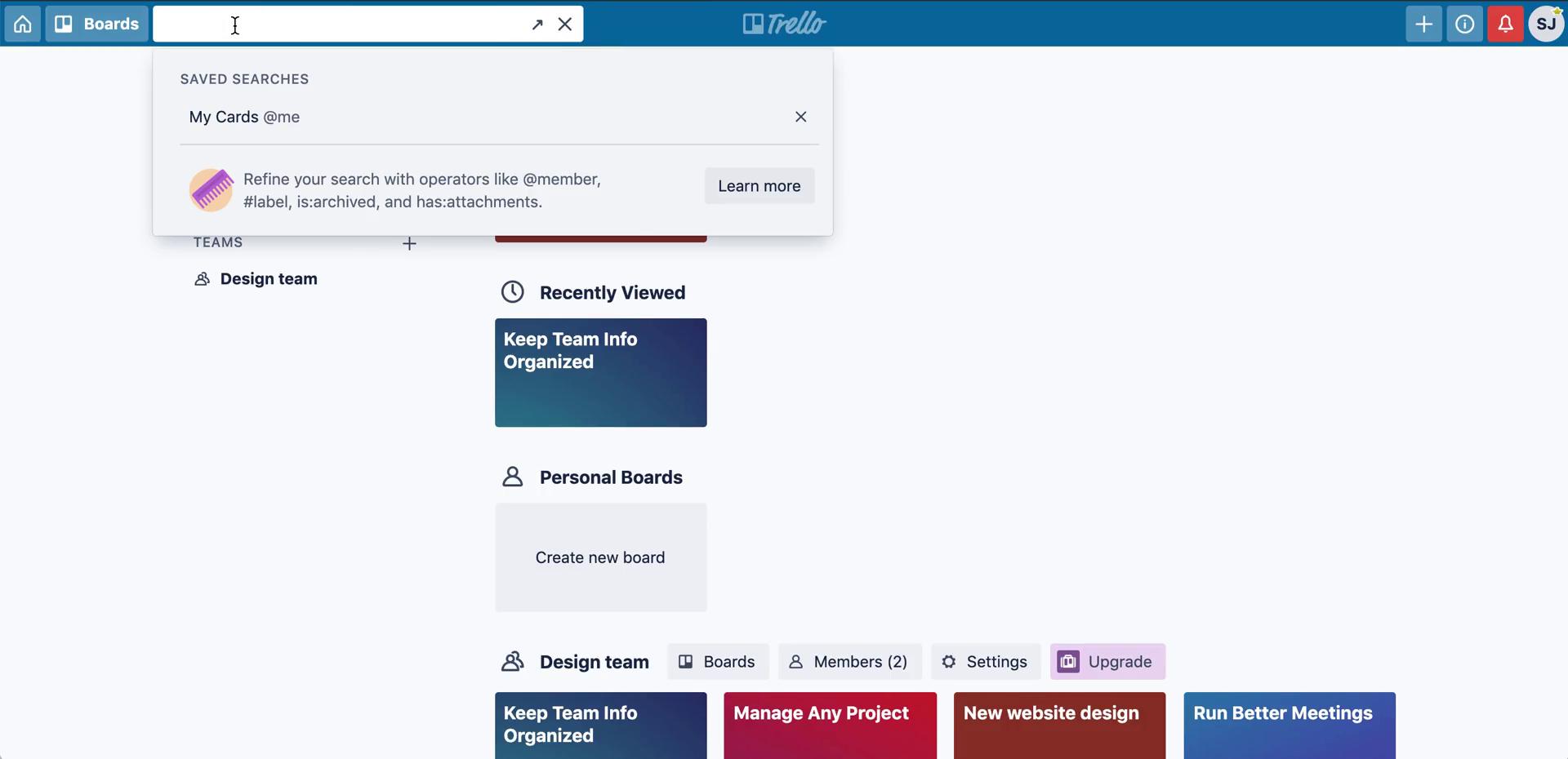 Screenshot of Searching on Trello