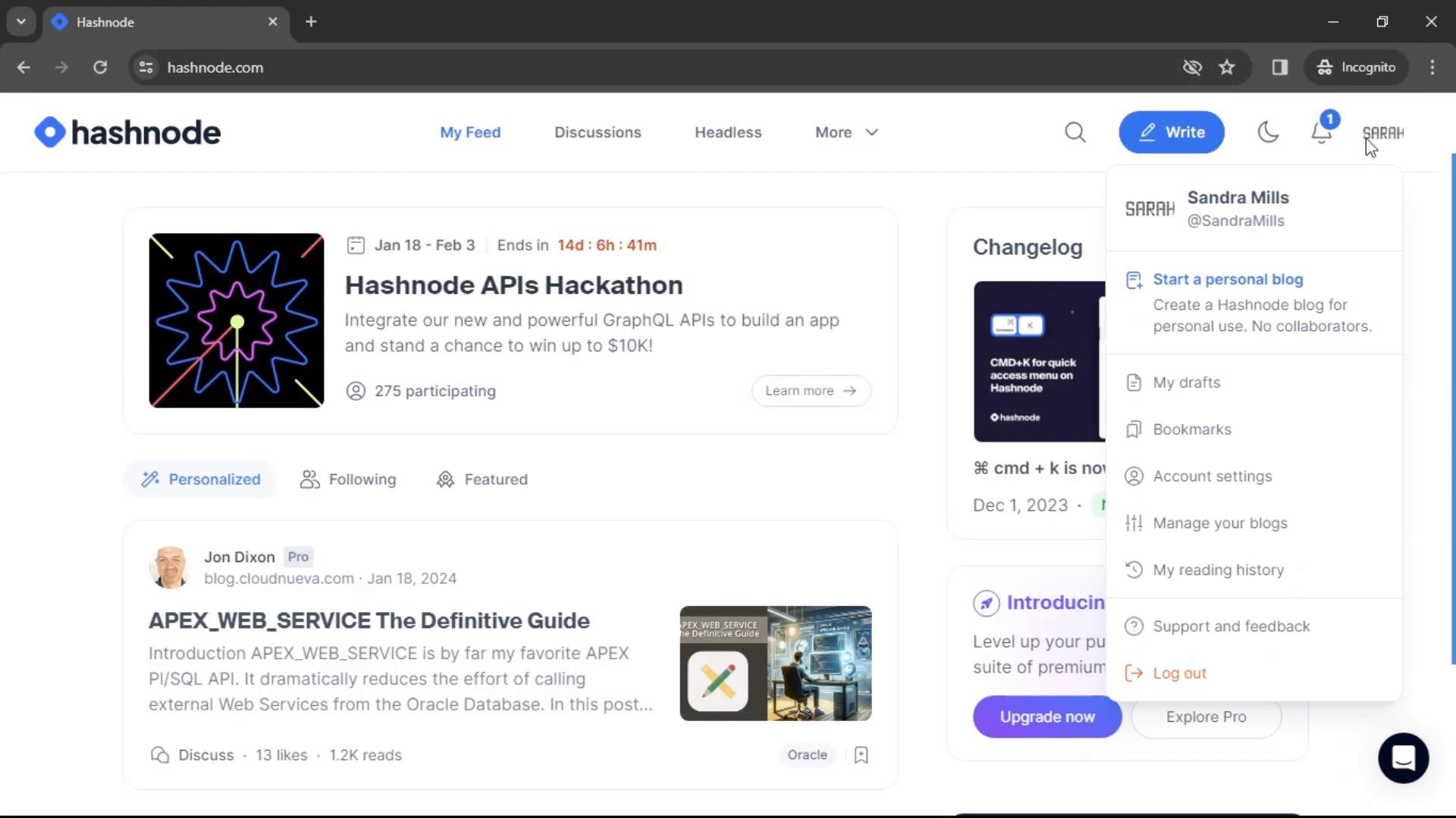 Upgrading your account on Hashnode video screenshot