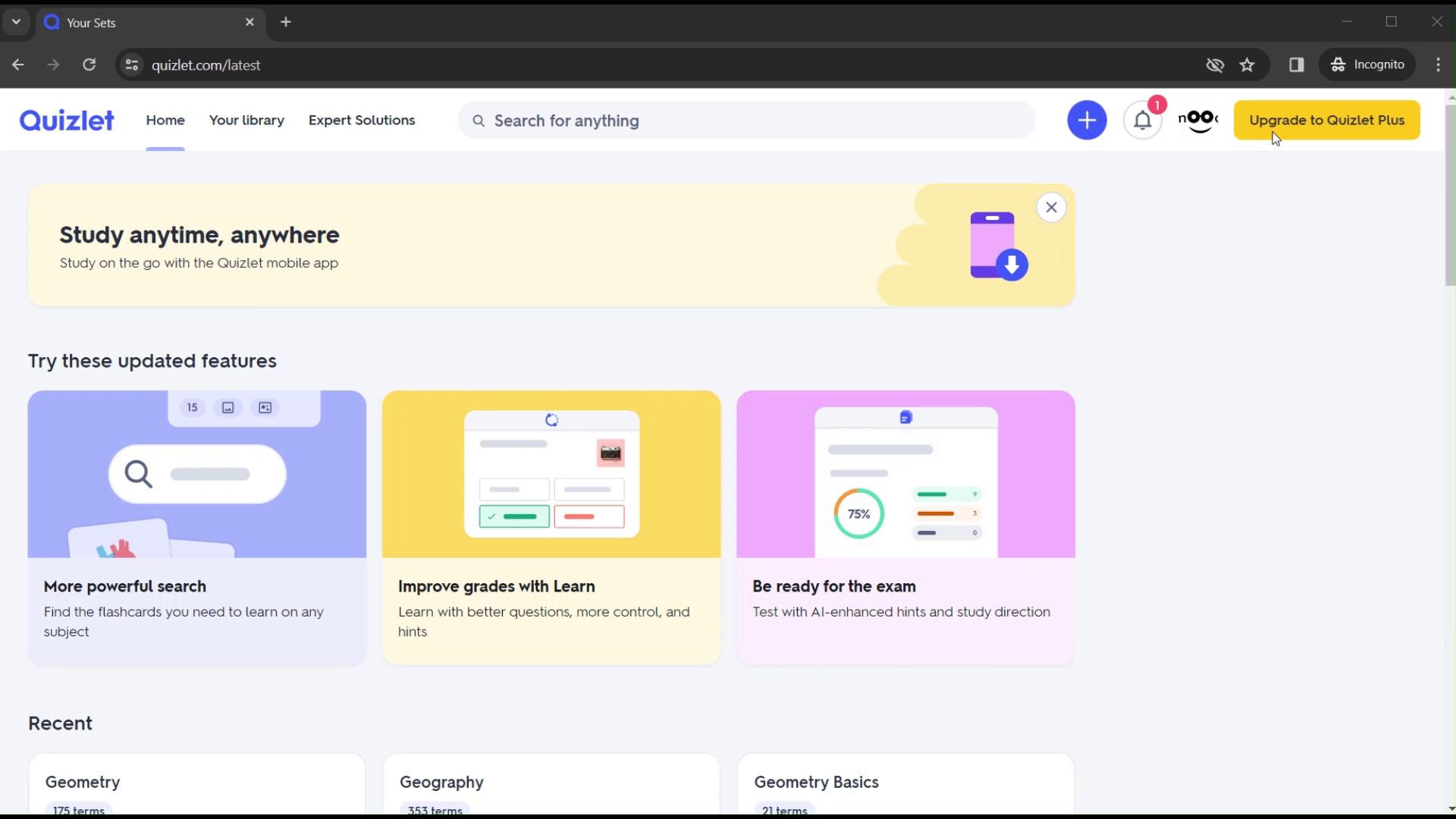Screenshot of Upgrading your account on Quizlet