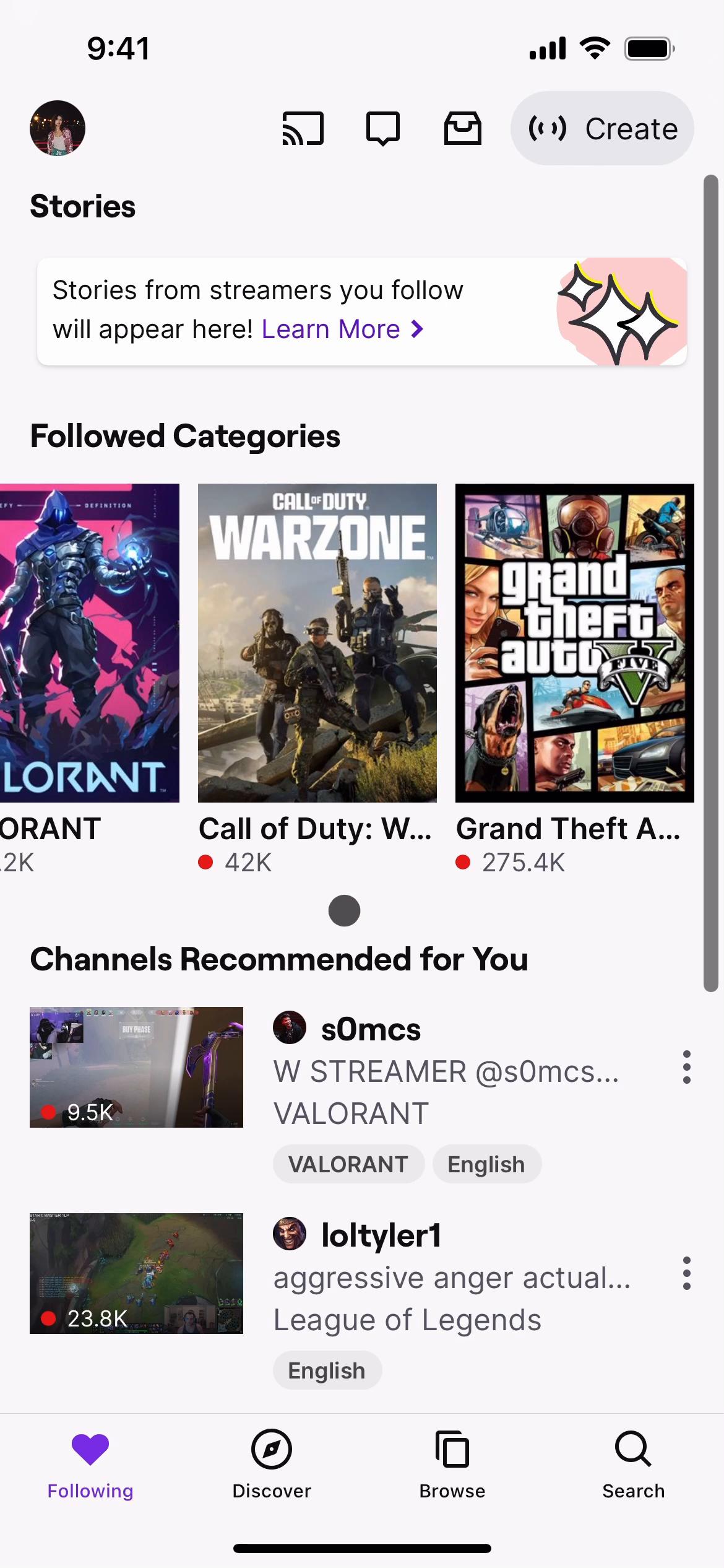 Screenshot of Following a user on Twitch