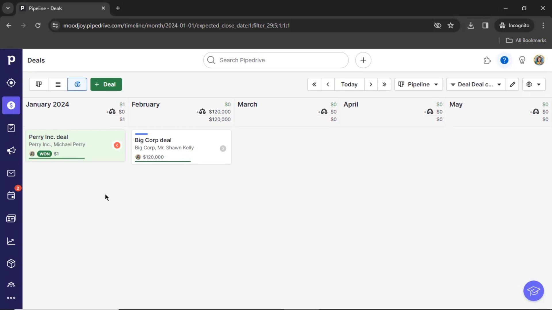Screenshot of CRM on Pipedrive