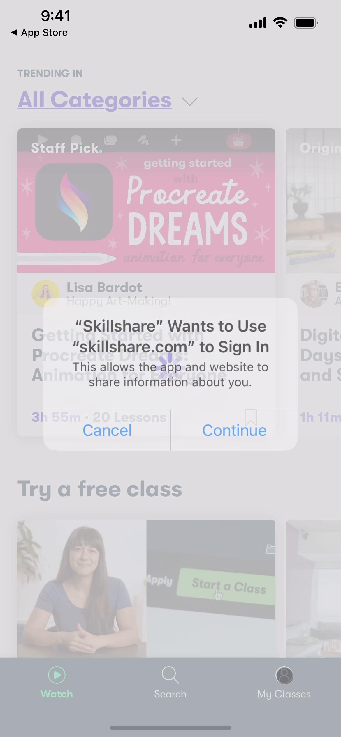 Screenshot of Logging in on Skillshare