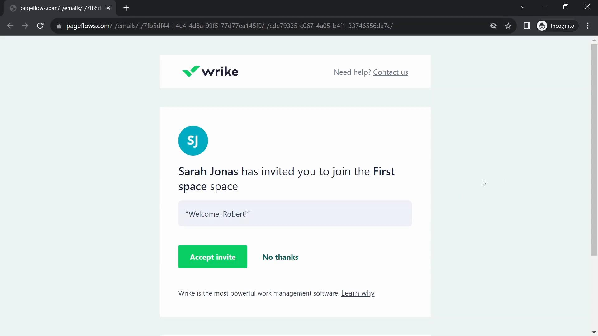 Screenshot of Accepting an invite on Wrike