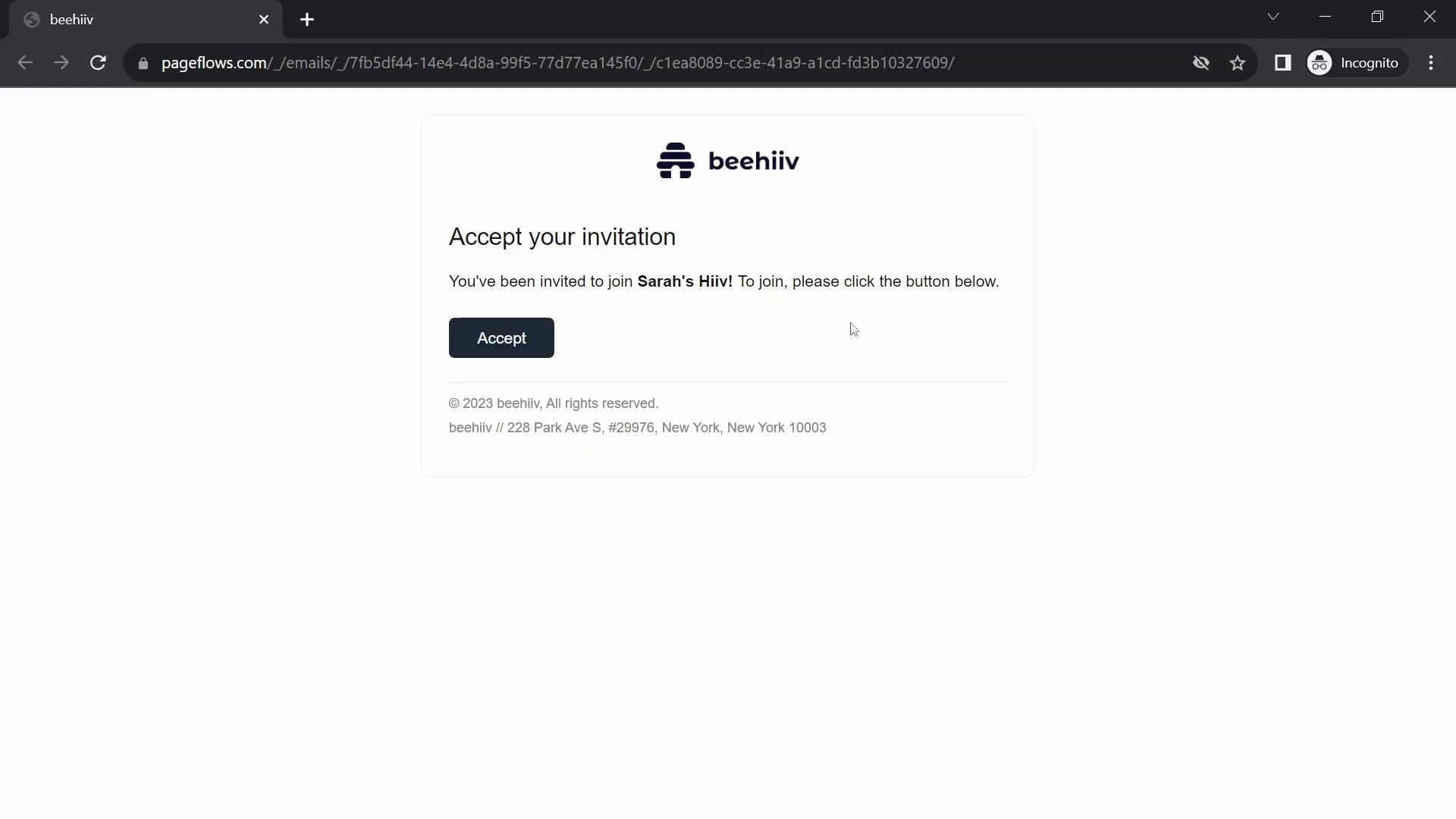 Screenshot of Accepting an invite on Beehiiv