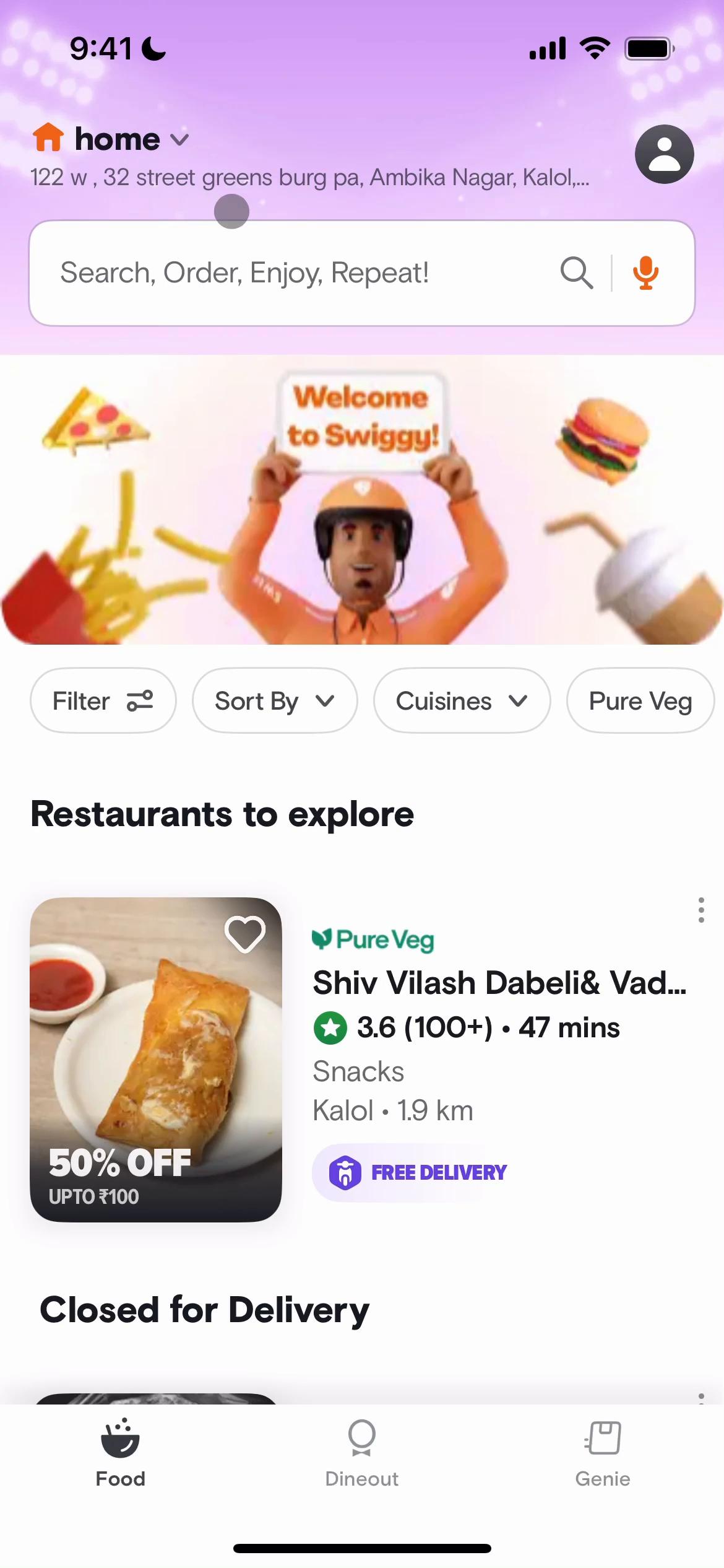 Screenshot of Ordering food on Swiggy