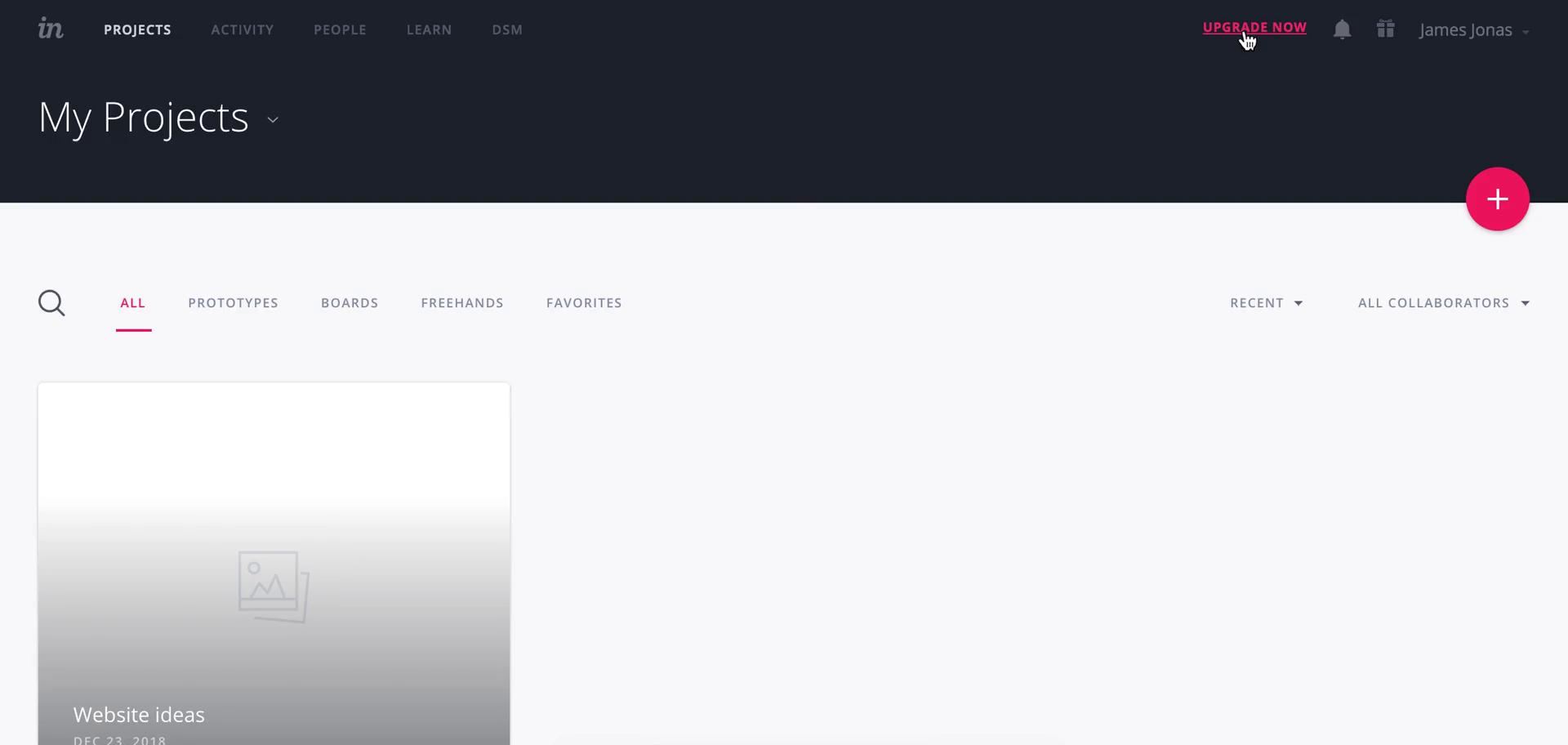 Screenshot of Upgrading your account on InVision