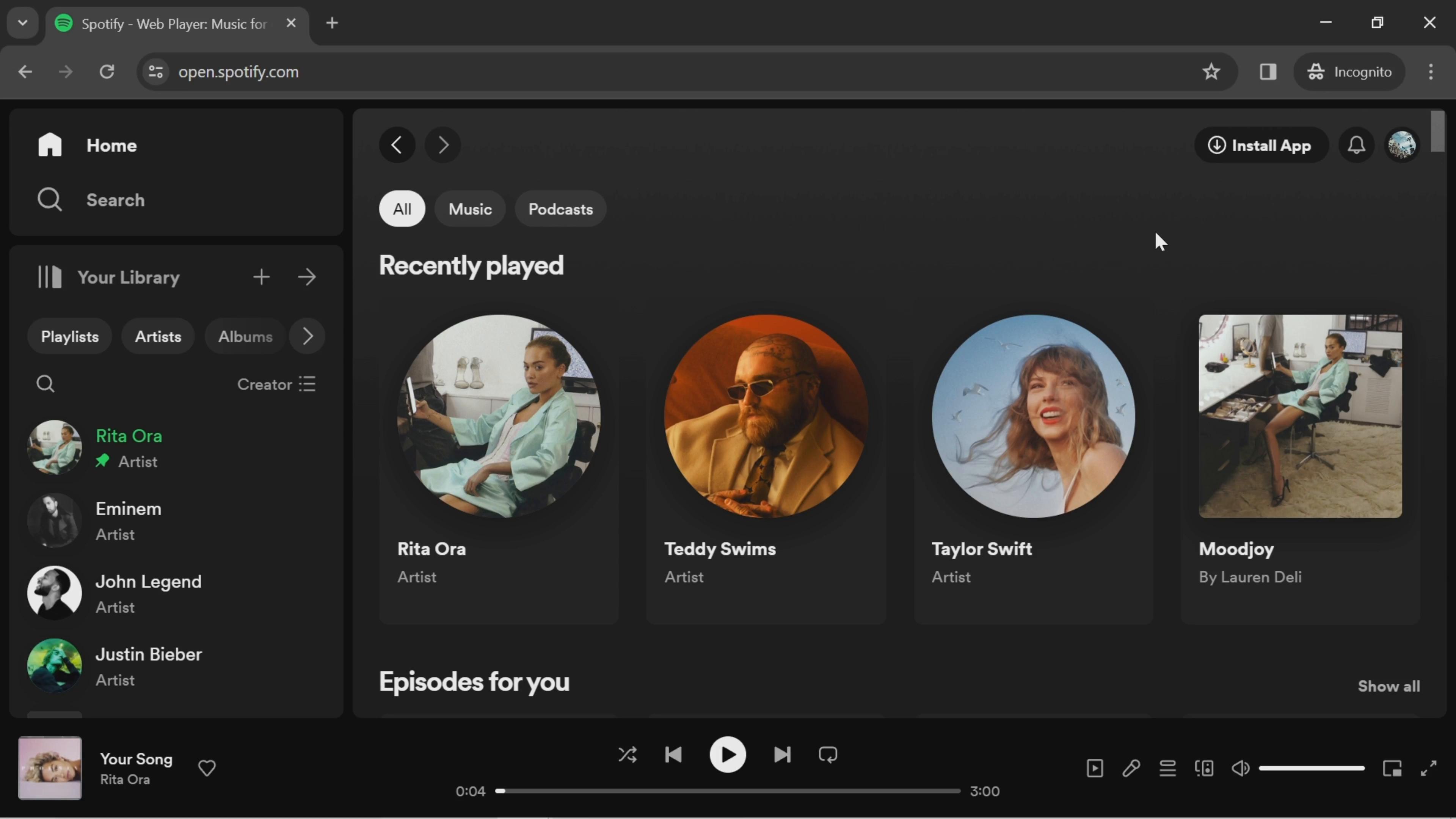 Screenshot of Filtering and sorting on Spotify