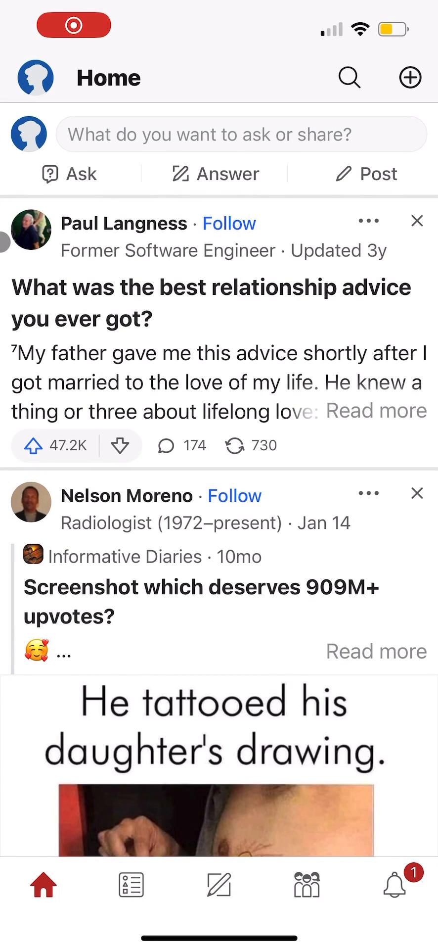 Screenshot of Discovering content on Quora