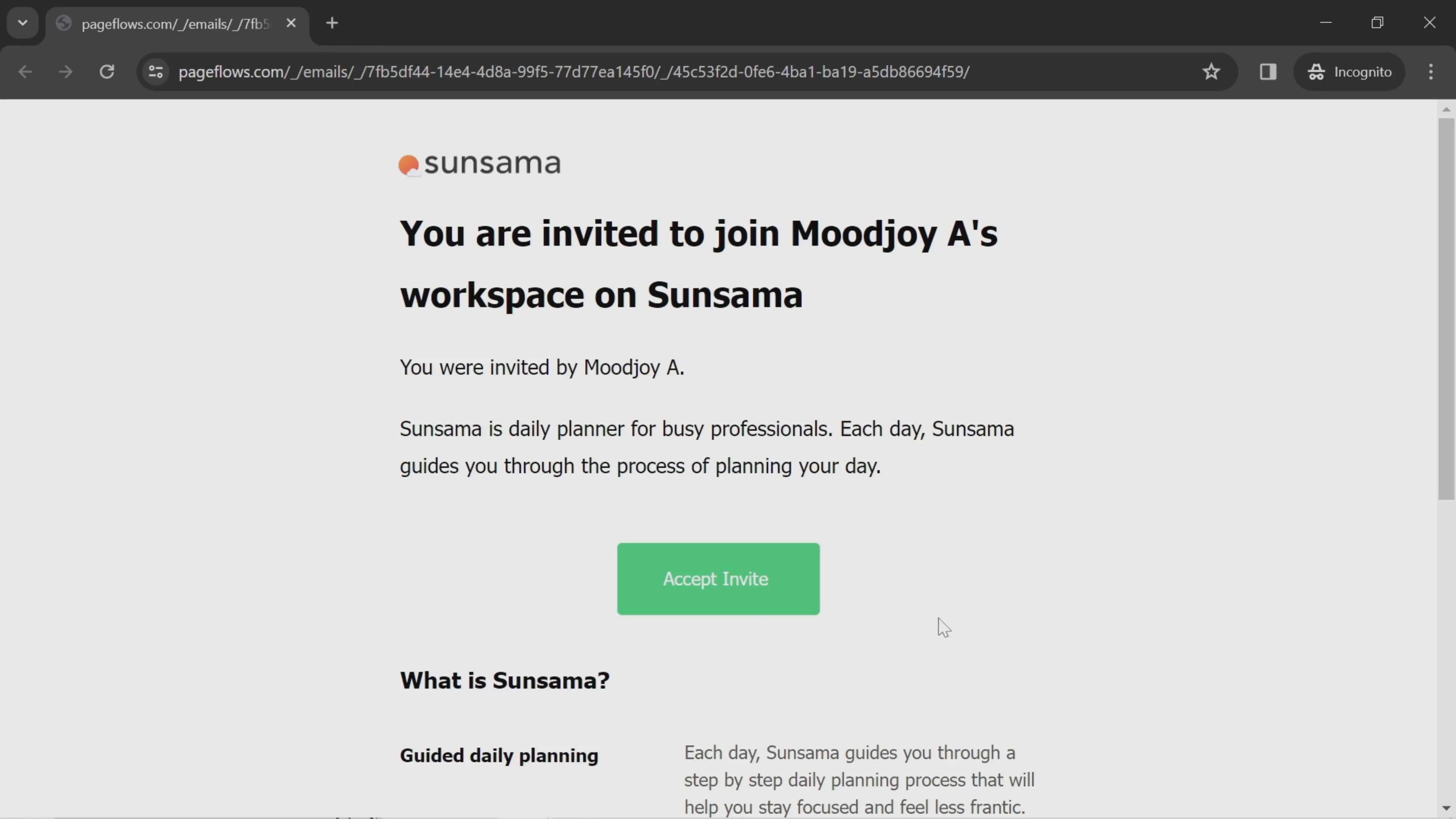 Accepting an invite on Sunsama video screenshot