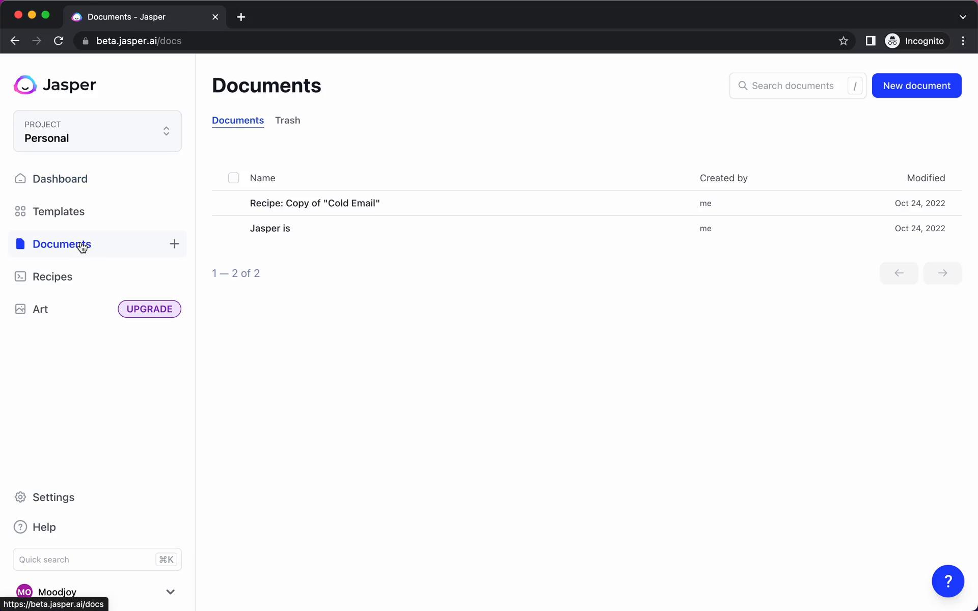 Screenshot of Creating a document on Jasper