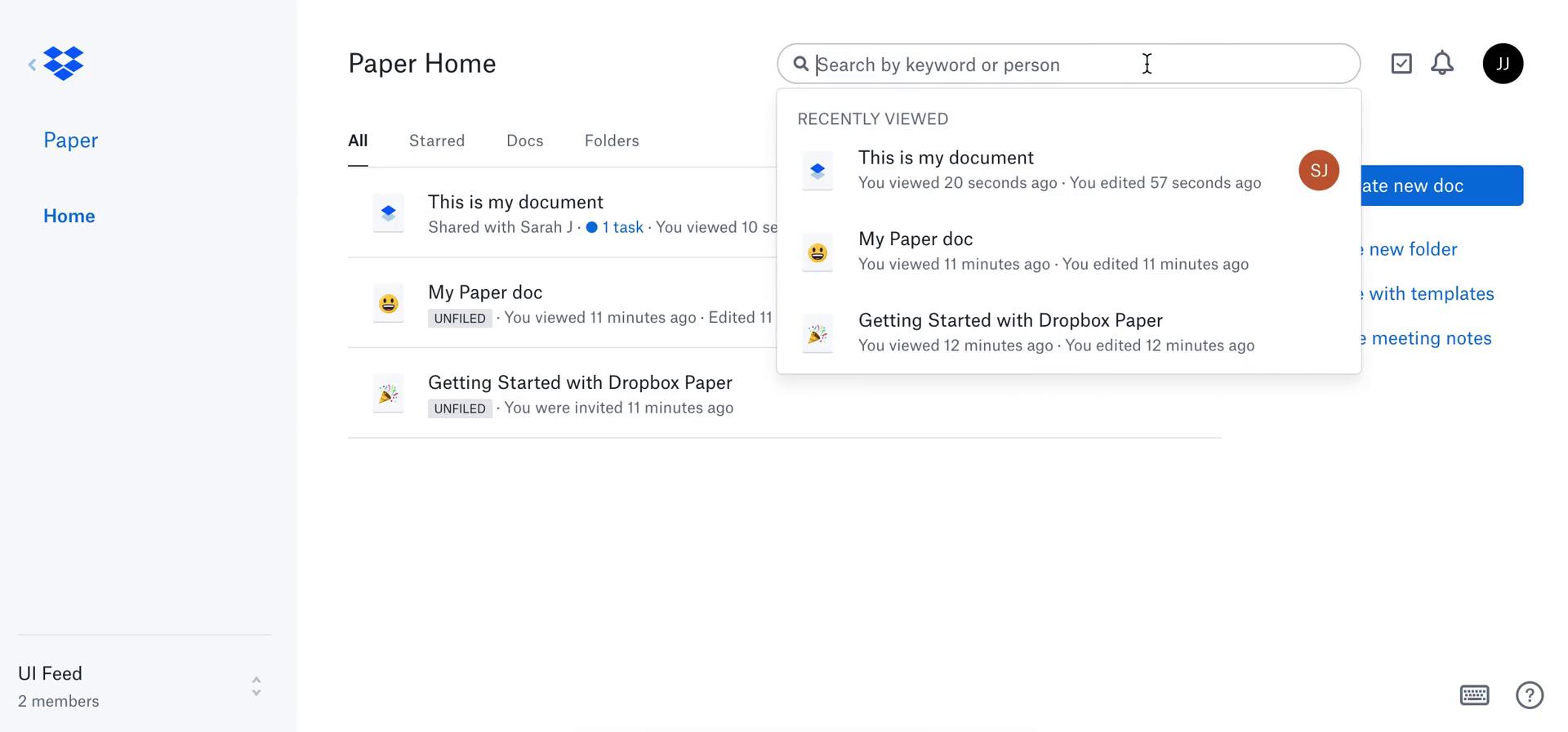 Screenshot of Searching on Dropbox Paper