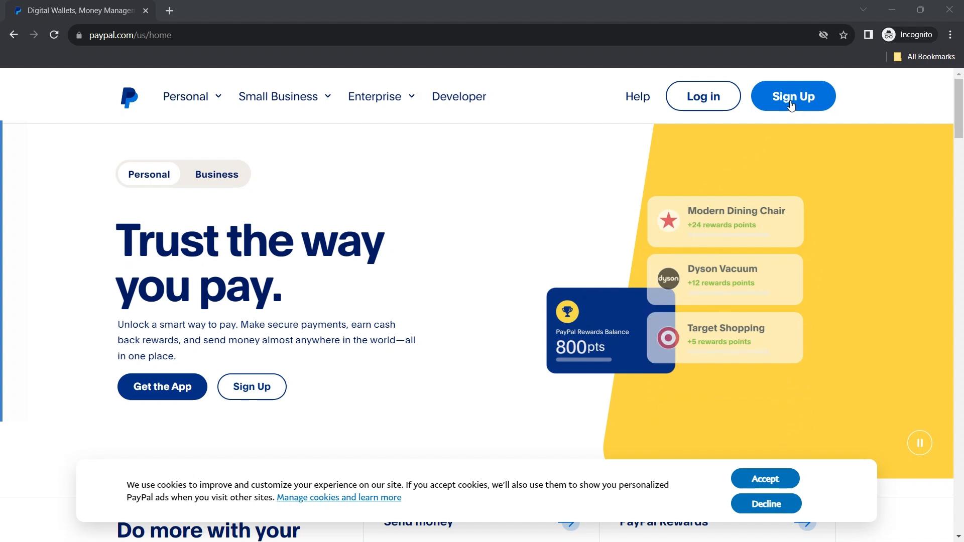 Screenshot of Onboarding on PayPal