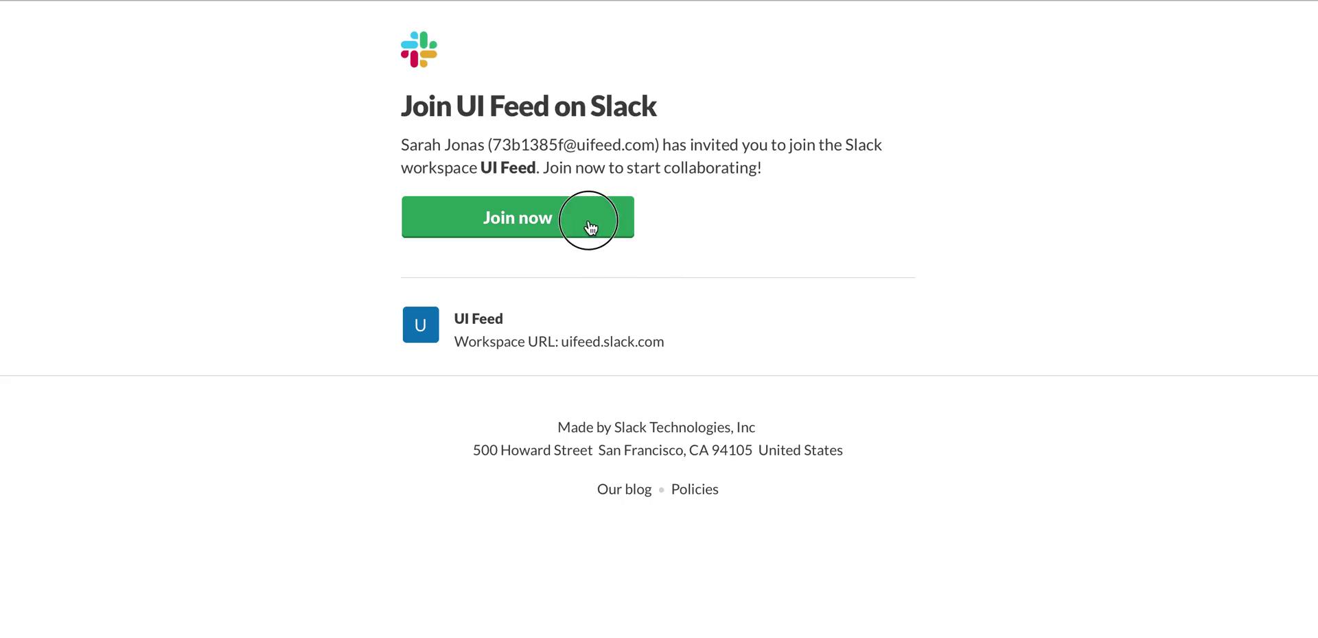 Screenshot of Accepting an invite on Slack