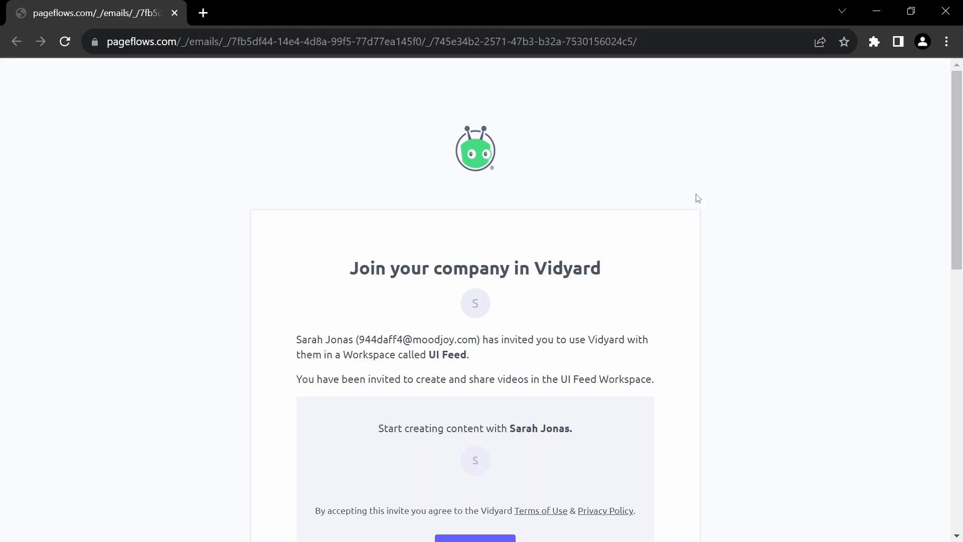 Screenshot of Accepting an invite on Vidyard