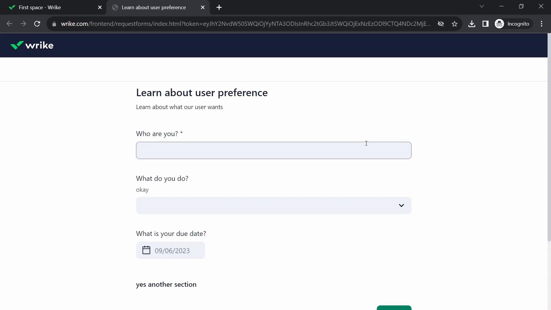 Filling in a form on Wrike video screenshot