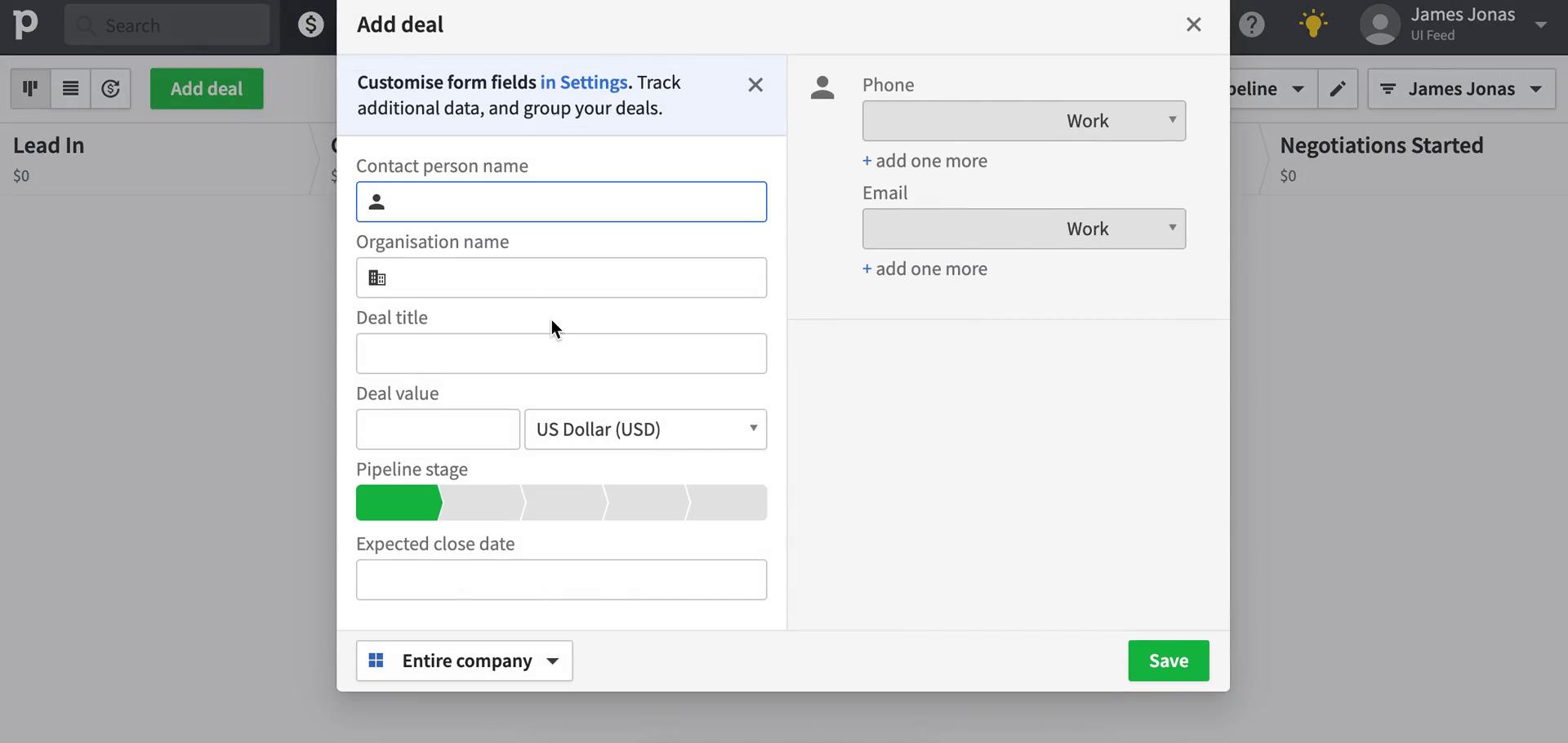 Screenshot of Adding a deal on Pipedrive