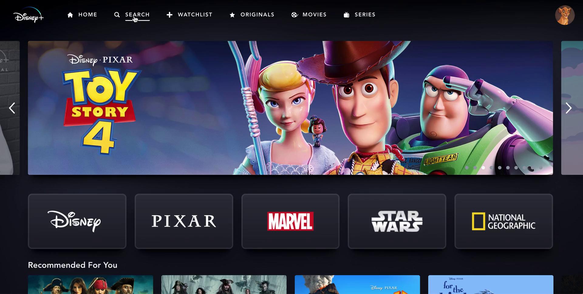 Screenshot of Searching on Disney+