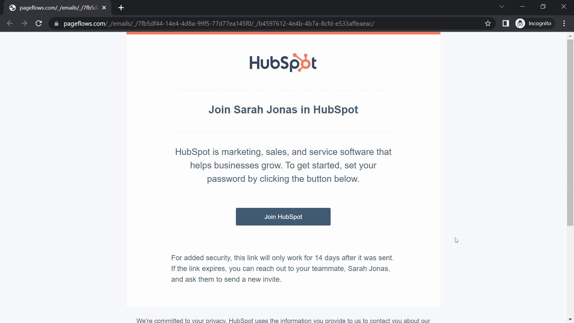 Screenshot of Accepting an invite on HubSpot CRM