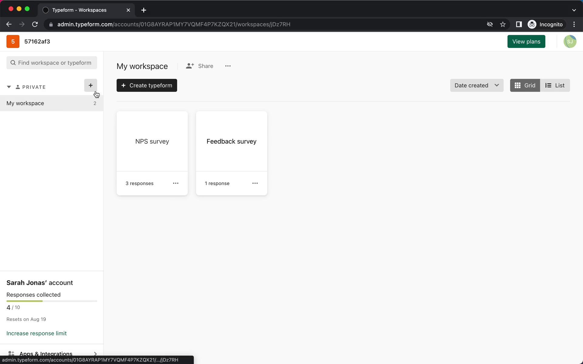 Screenshot of Creating a workspace on Typeform