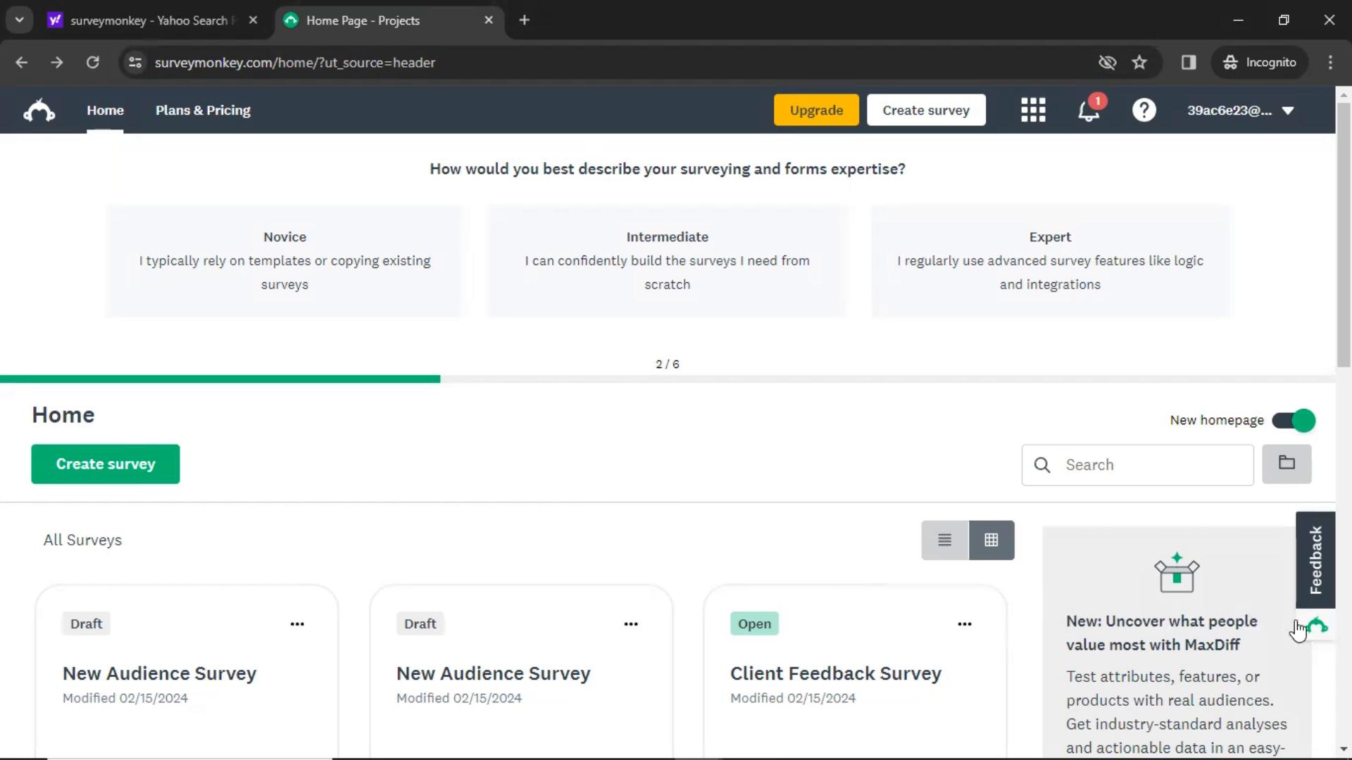 Screenshot of Giving feedback on SurveyMonkey