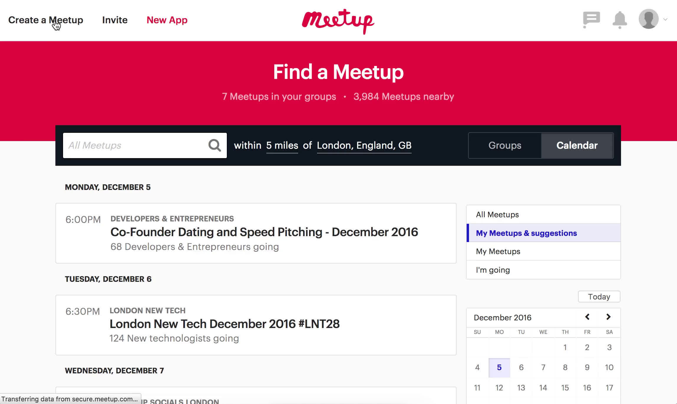Screenshot of Creating a meetup on Meetup