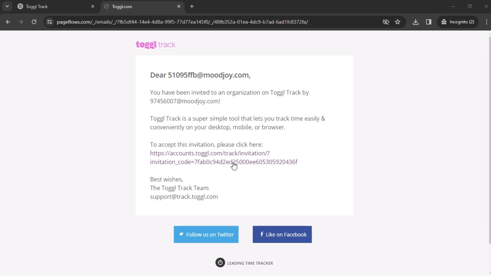 Screenshot of Accepting an invite on Toggl Track