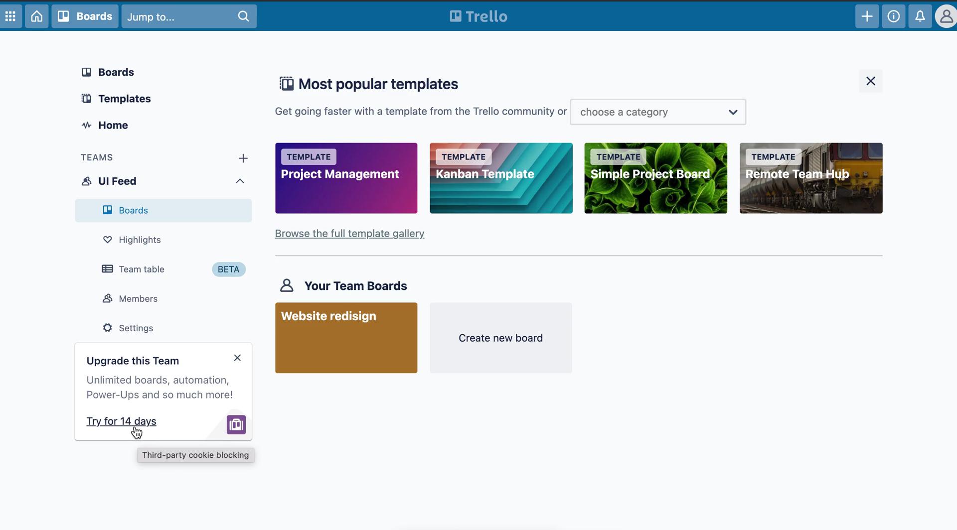Screenshot of Upgrading your account on Trello