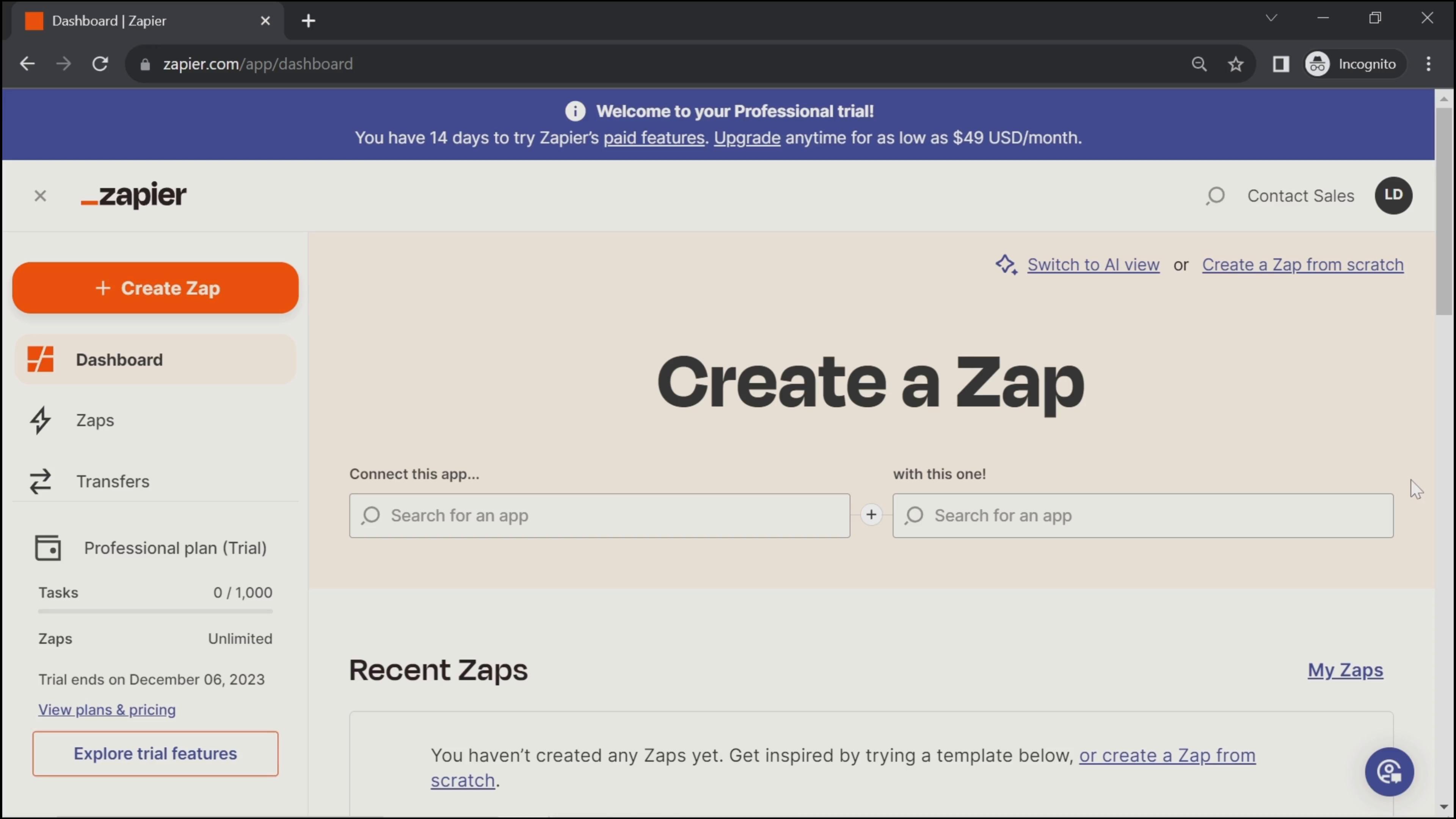 Screenshot of Upgrading your account on Zapier