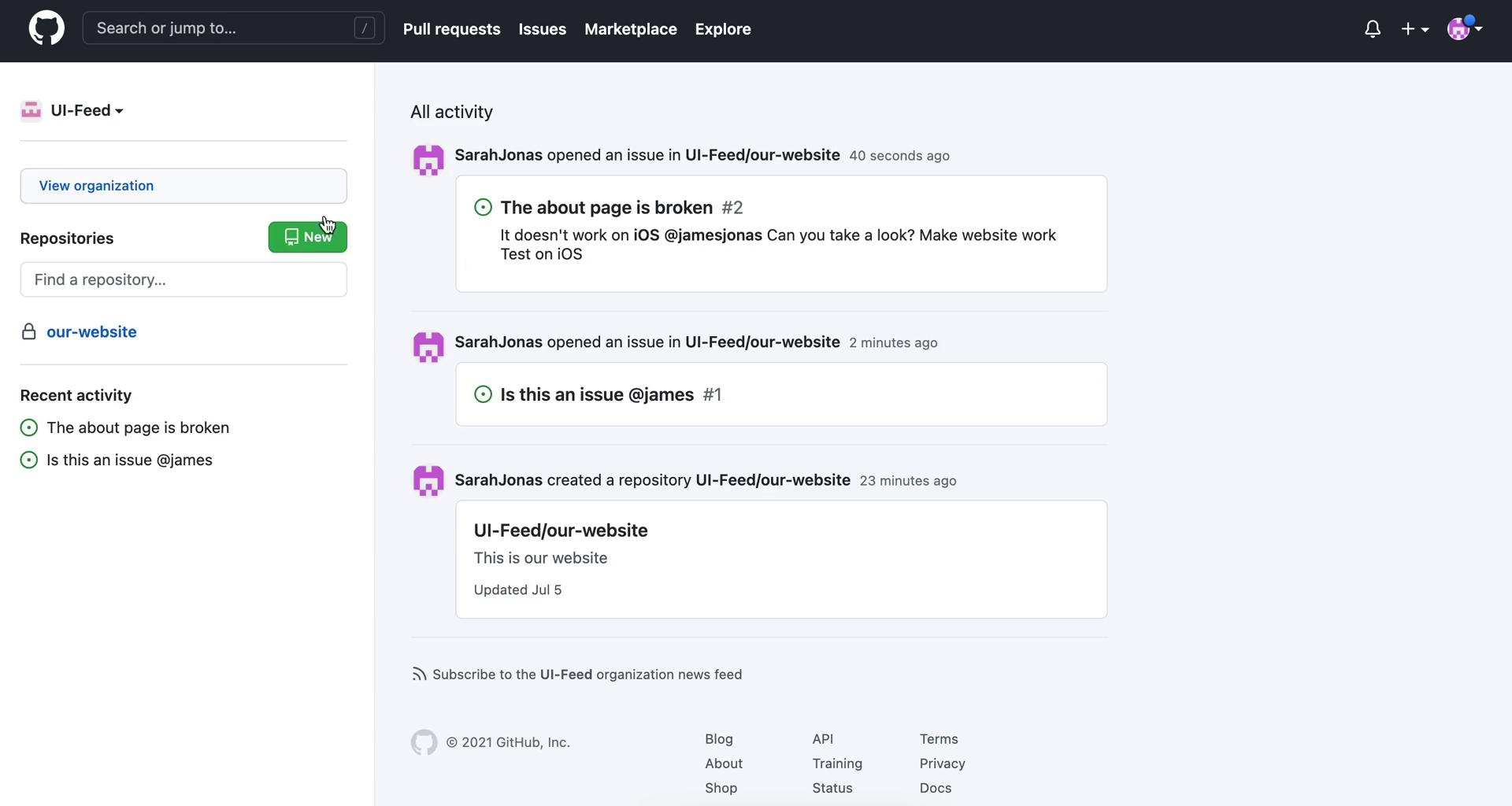 Screenshot of Tasks on GitHub