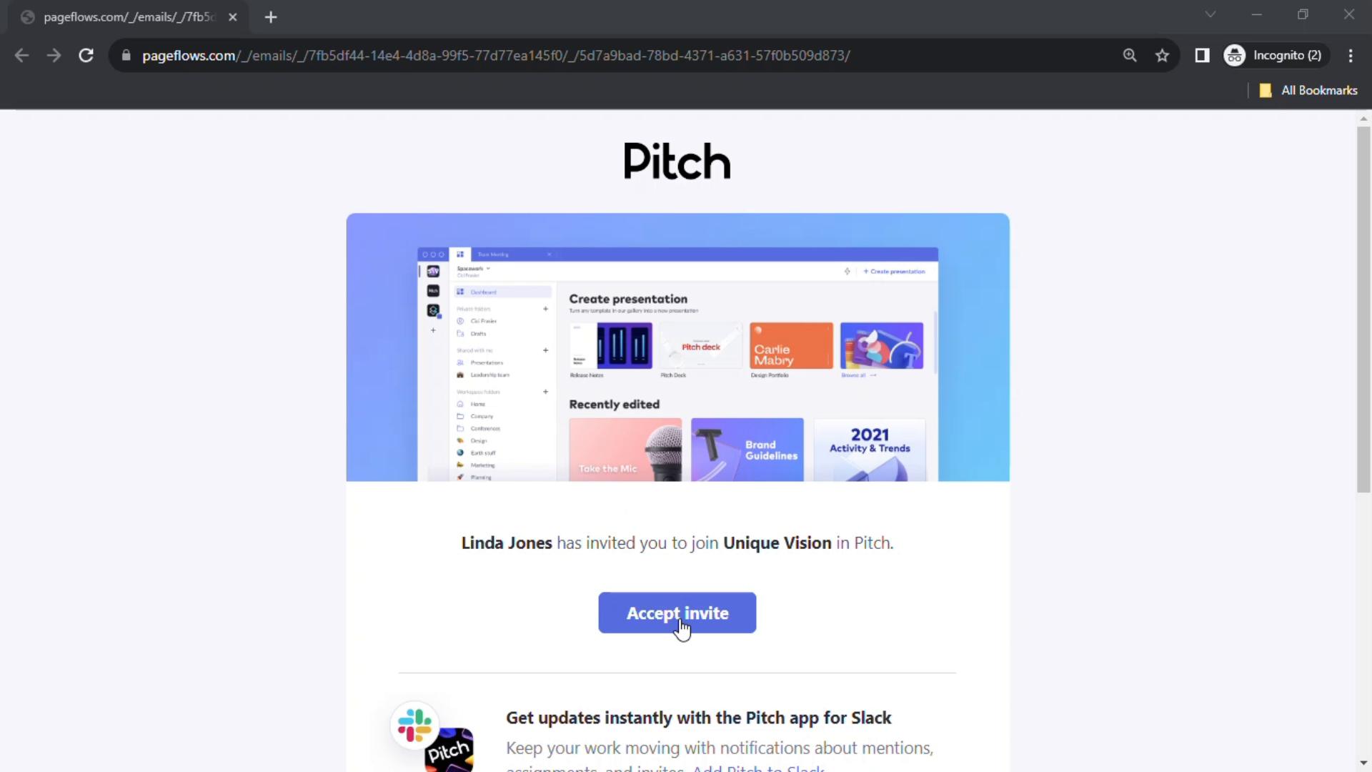 Accepting an invite on Pitch video screenshot