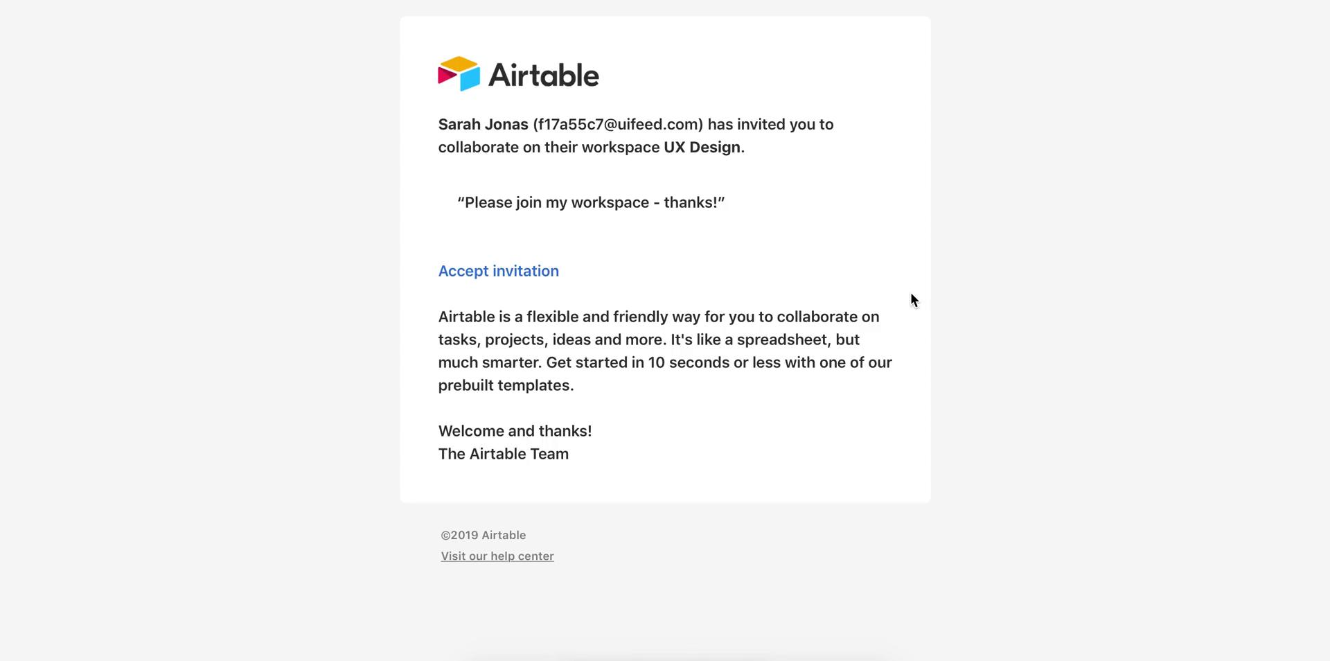 Screenshot of Accepting an invite on Airtable