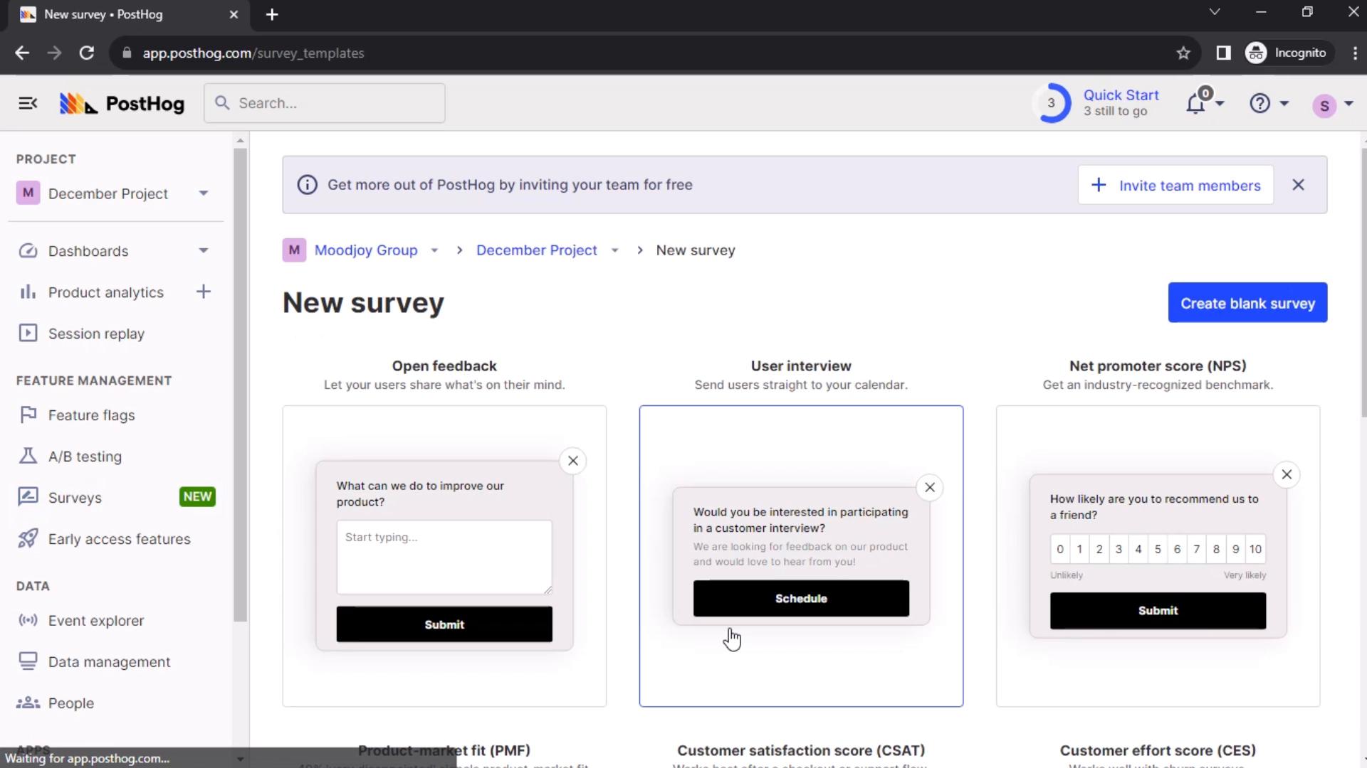 Screenshot of Creating a survey on PostHog