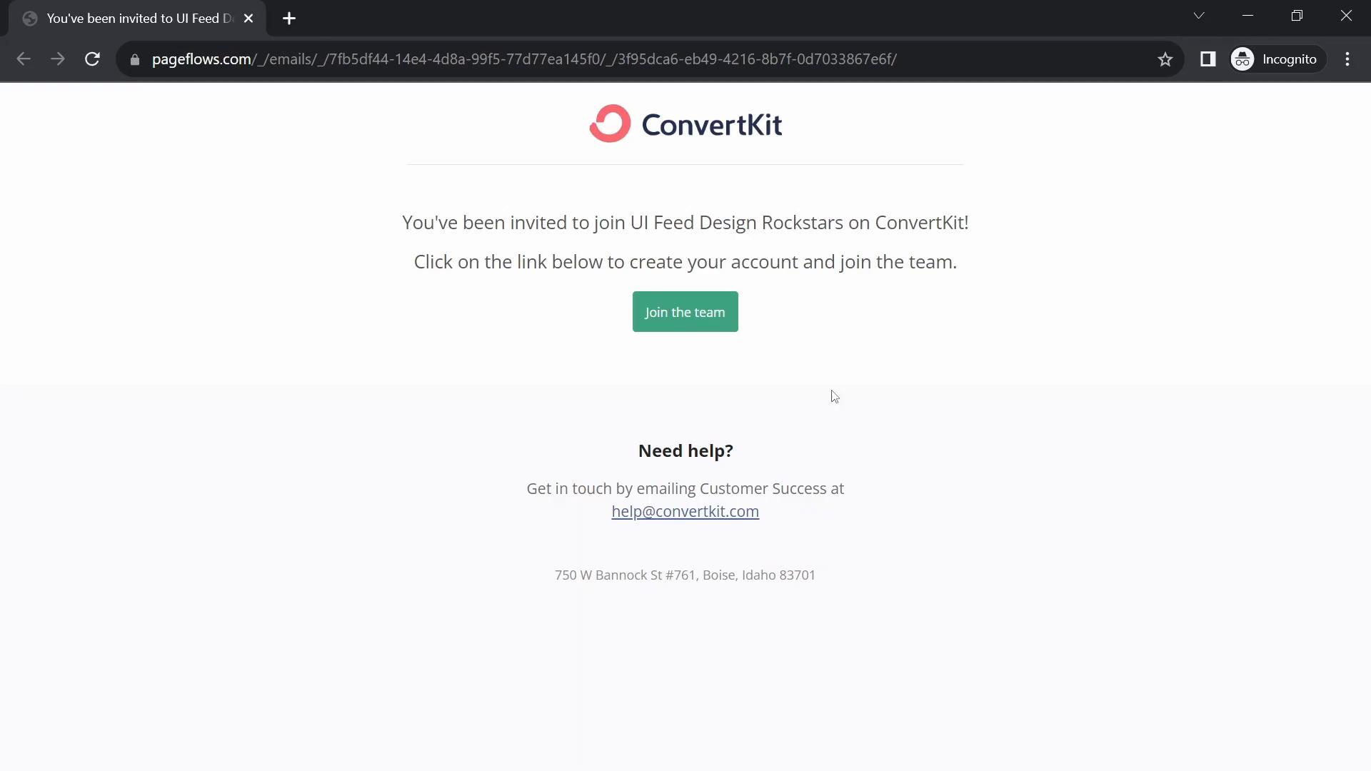 Screenshot of Accepting an invite on ConvertKit