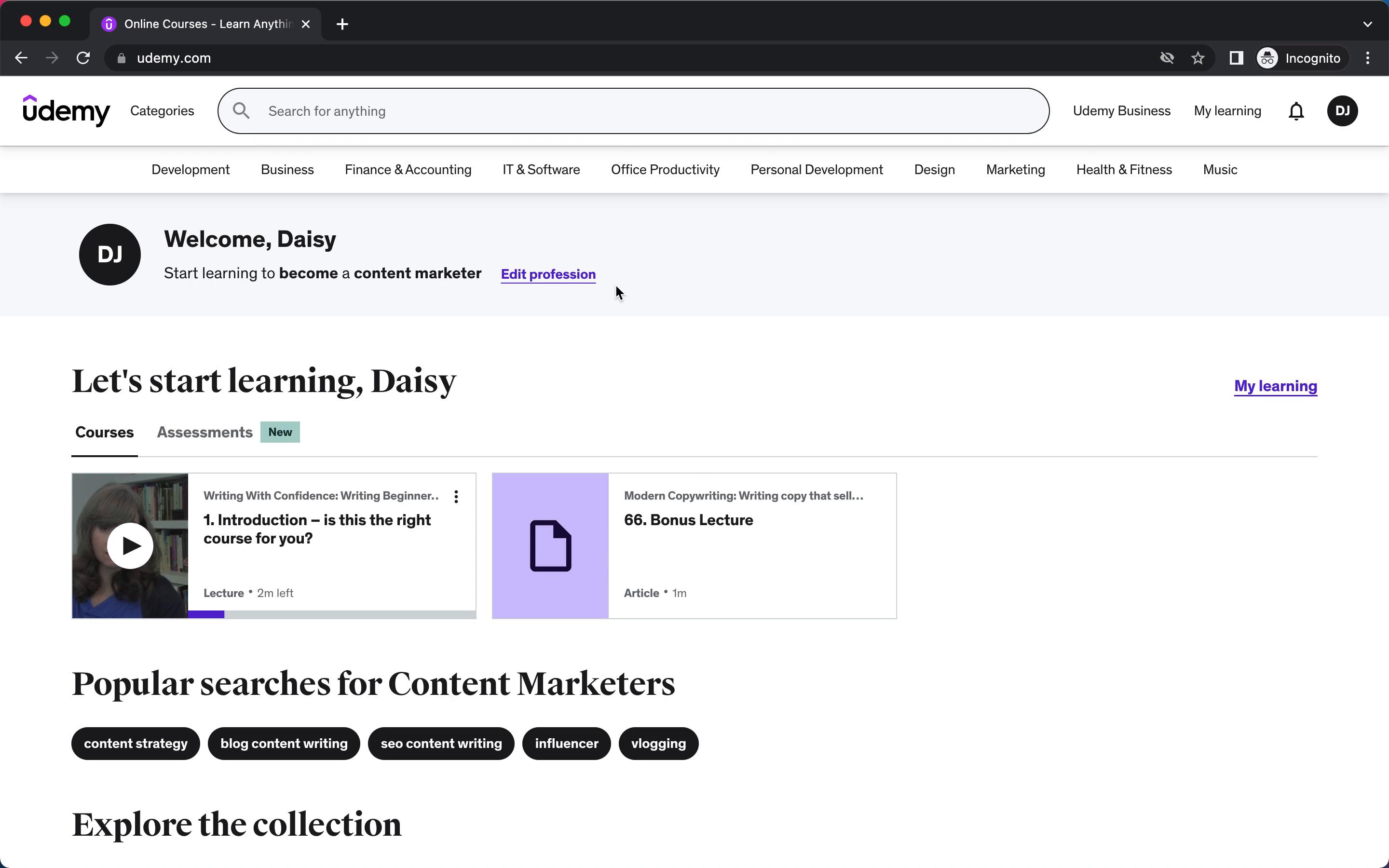 Screenshot of General browsing on Udemy